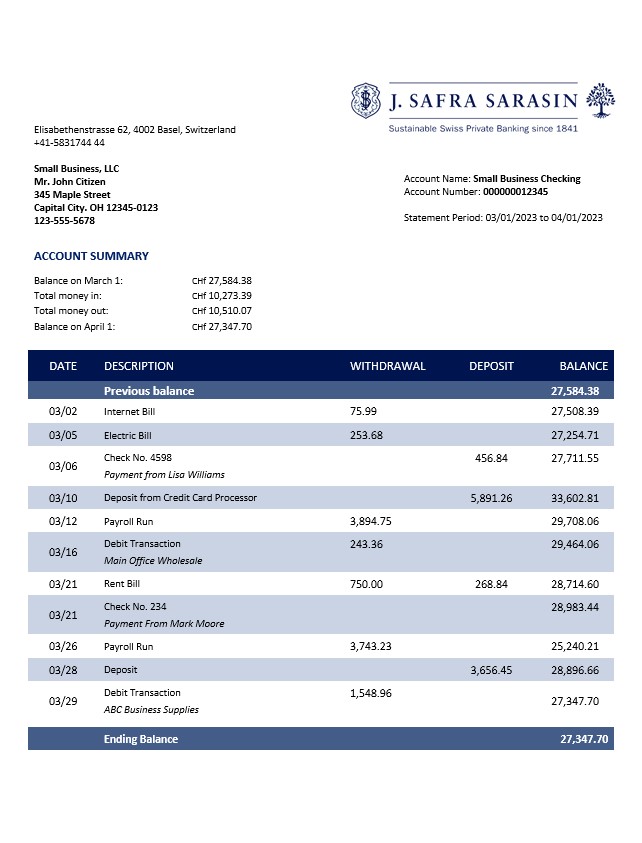 Modèle Word et PDF de relevé d'activité de la Banque J. Safra Sarasin